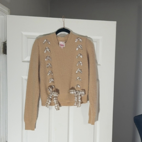 Women's So Me Beige Ribbed Sweater with Plaid Bows M - Picture 5 of 6